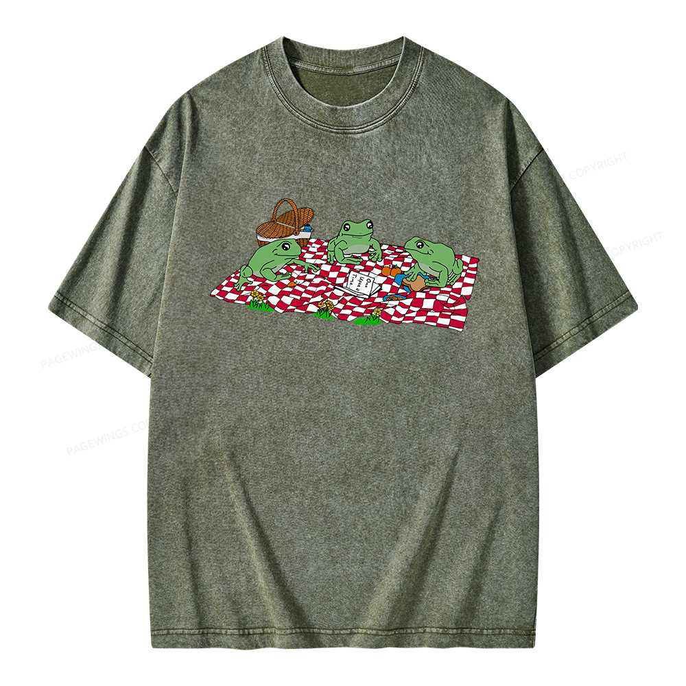 Pagewings Frog Picnic Book Summer Unisex Washed T-shirt