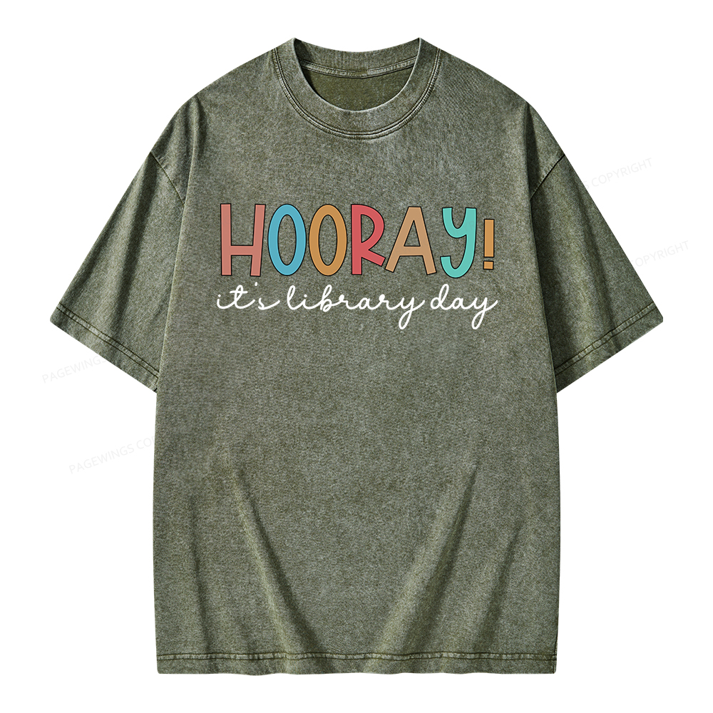 Pagewings Hooray It's Library Day Unisex Washed T-shirt