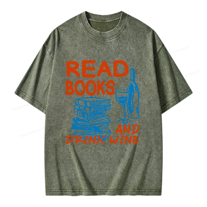 Pagewings Read Book And Drink Wine Unisex Washed T-shirt