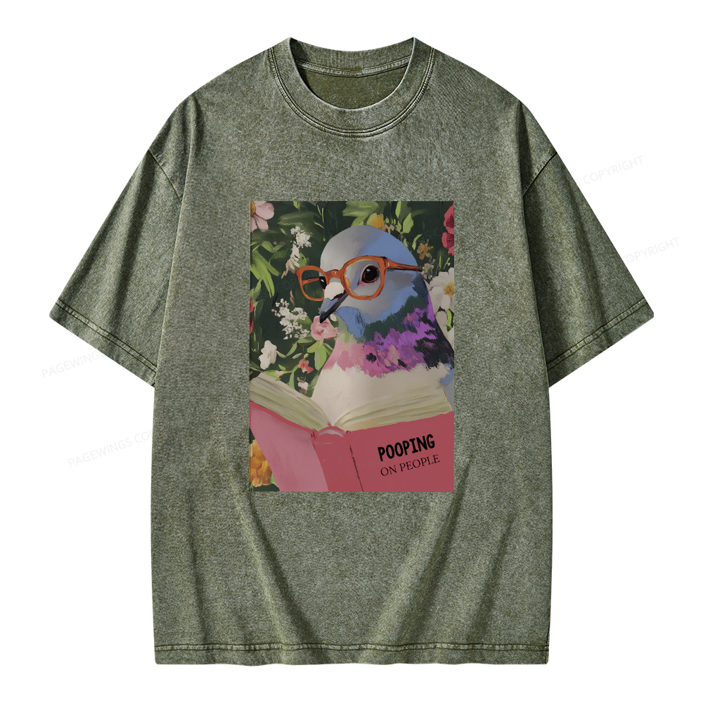 Pagewings Humorous Pigeon Reading Unisex Washed T-shirt