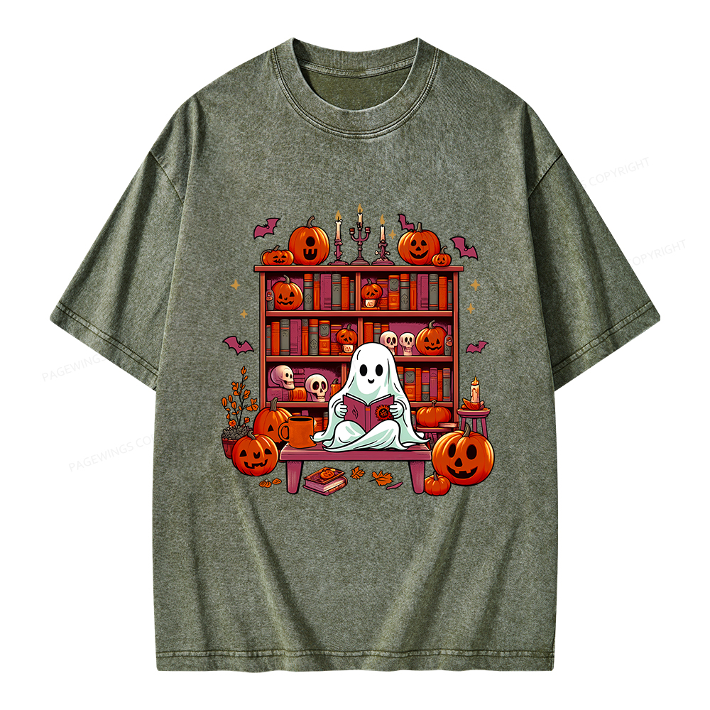 Pagewings Ghost Book Reader  Unisex Washed T-shirt