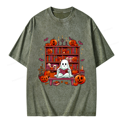 Pagewings Ghost Book Reader  Unisex Washed T-shirt