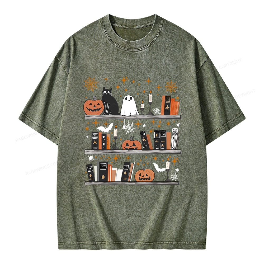 Pagewings Halloween Book Shelf Summerween Unisex Washed T-shirt