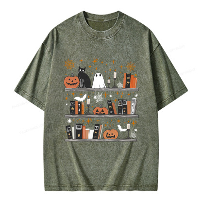 Pagewings Halloween Book Shelf Summerween Unisex Washed T-shirt