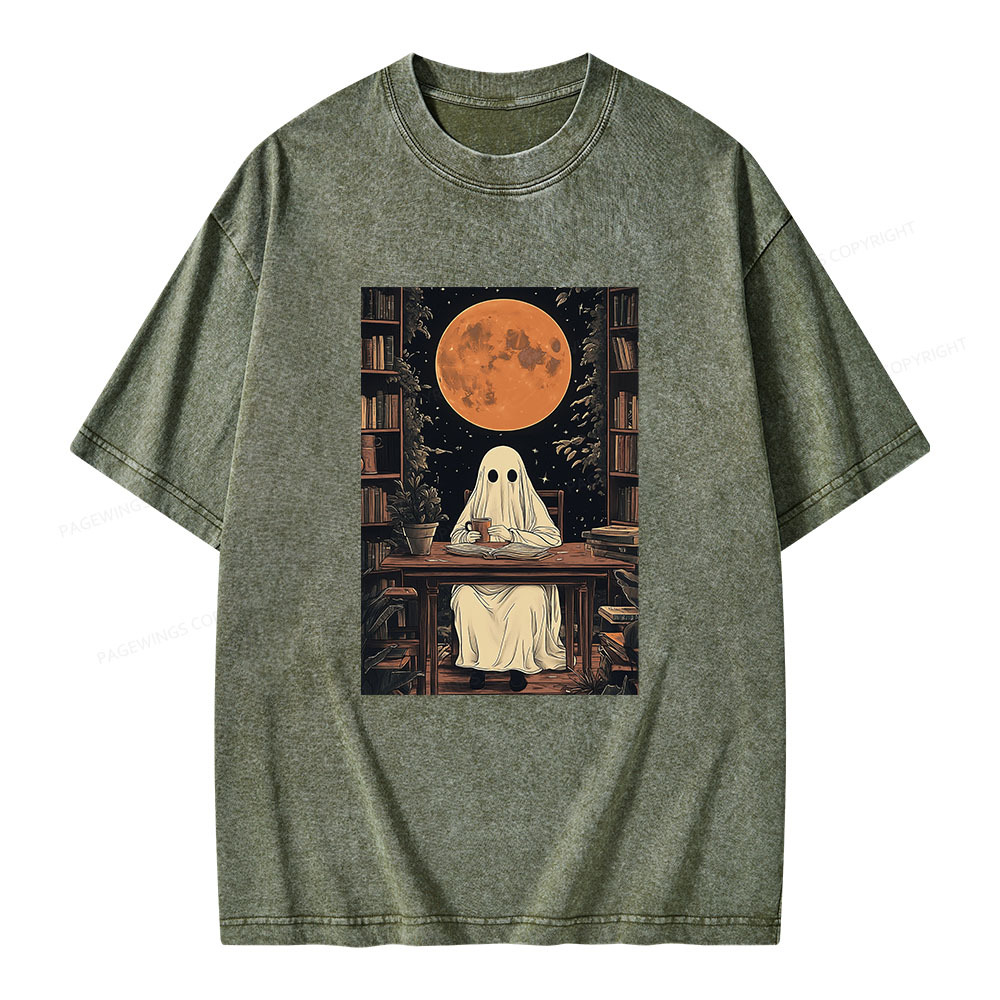 Pagewings Halloween Ghost Books Coffee  Unisex Washed T-shirt