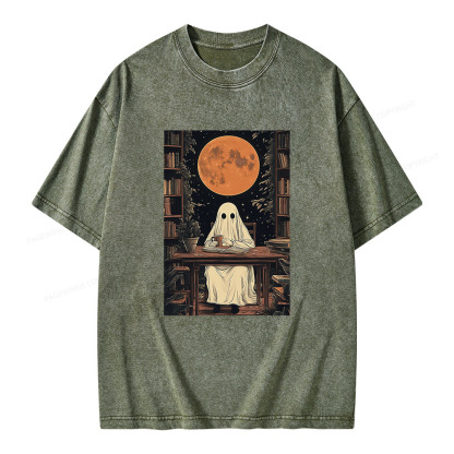 Pagewings Halloween Ghost Books Coffee  Unisex Washed T-shirt
