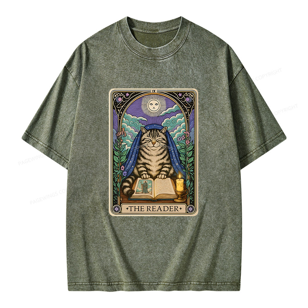 Pagewings The Reader Cat Tarot CardsUnisex Washed T-shirt