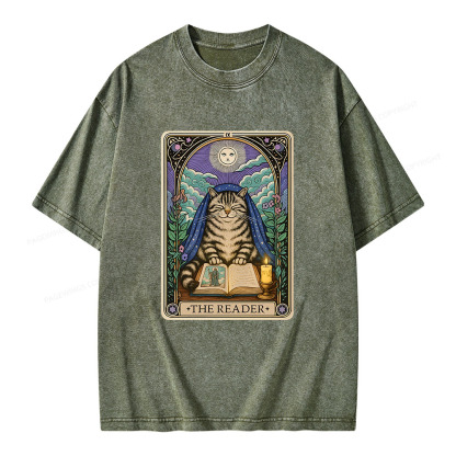 Pagewings The Reader Cat Tarot CardsUnisex Washed T-shirt