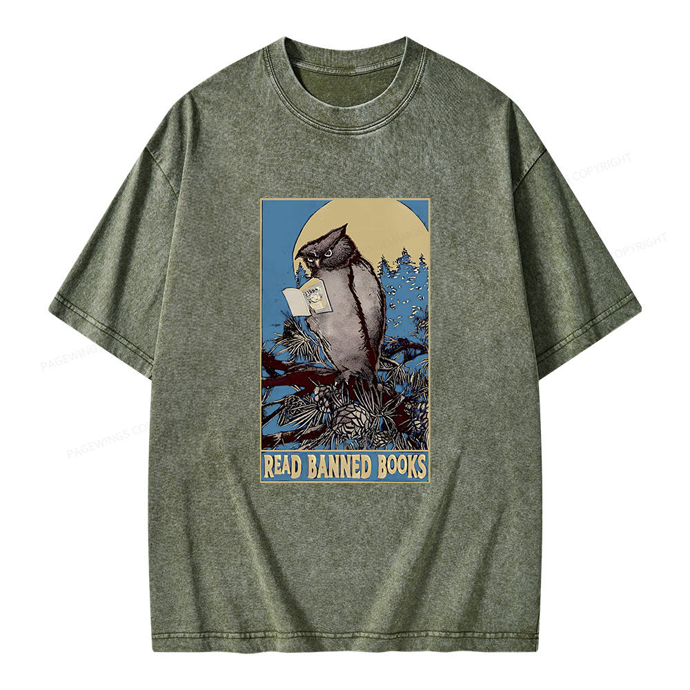 Pagewings Owl Read Banned Books Unisex Washed T-shirt