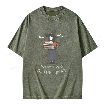 Pagewings Witch Way To The Library Halloween Unisex Washed T-shirt