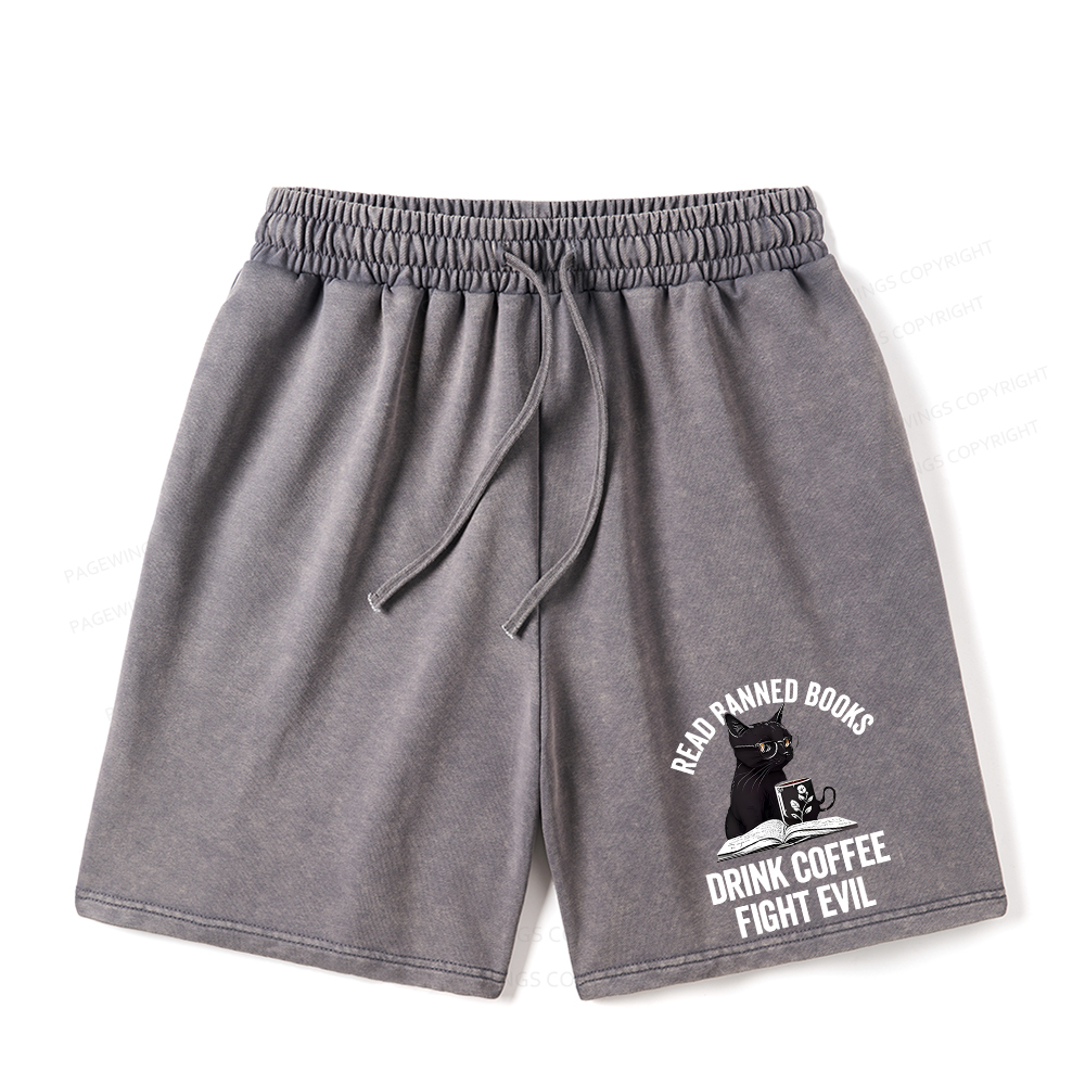 Pagewings Read Books Drink Coffee Fight Evil Unisex Washed Shorts