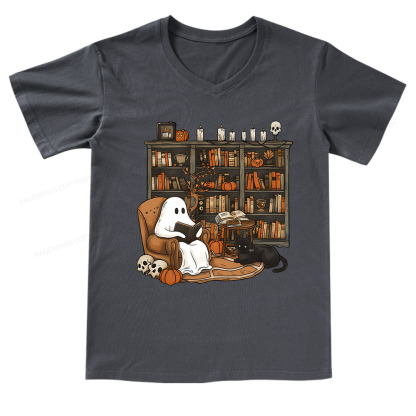 Pagewings Halloween Ghost Reading Books V-neck T-shirt