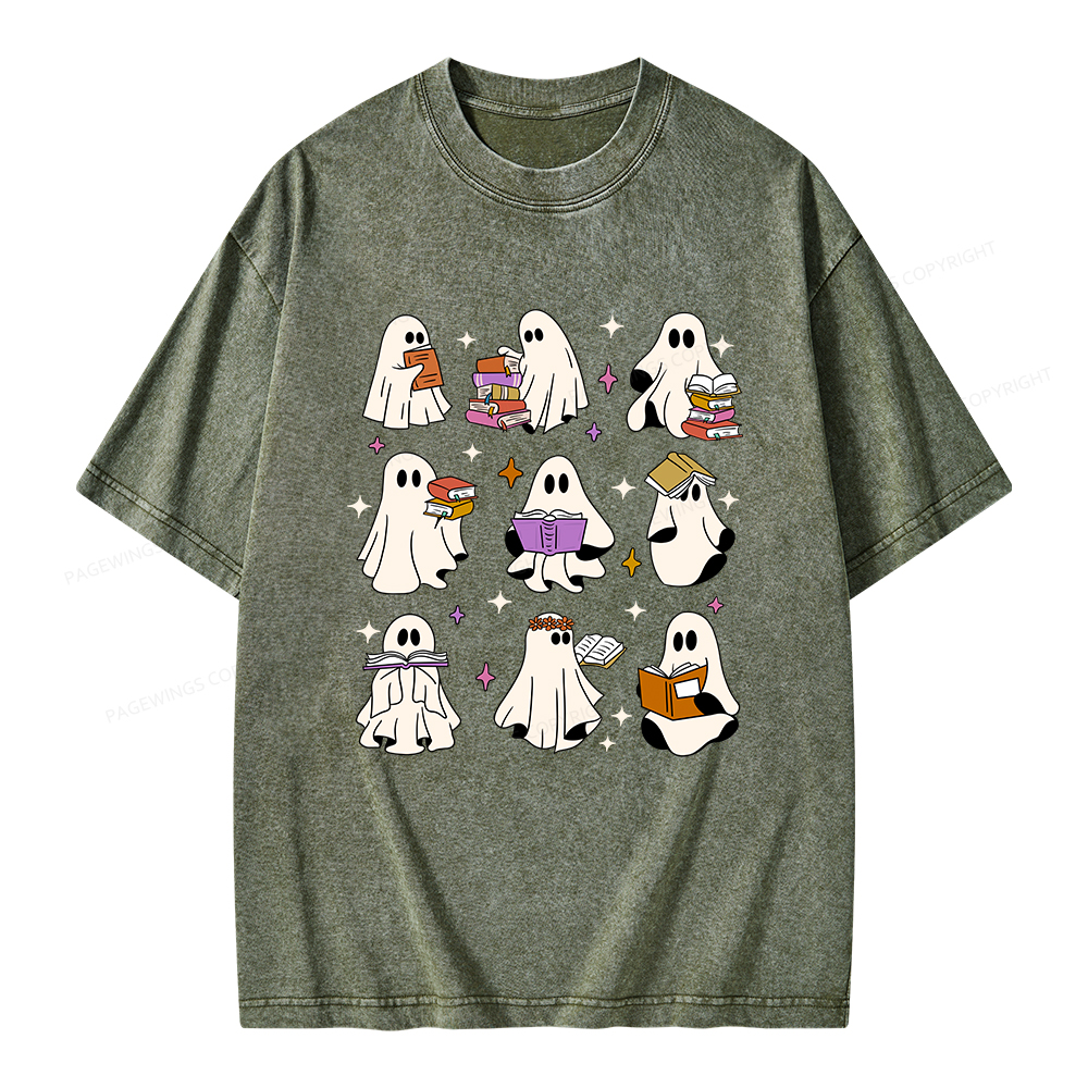 Pagewings Ghost Reading Books Unisex Washed T-shirt