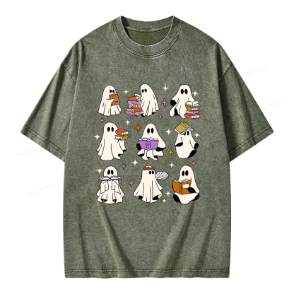 Pagewings Ghost Reading Books Unisex Washed T-shirt