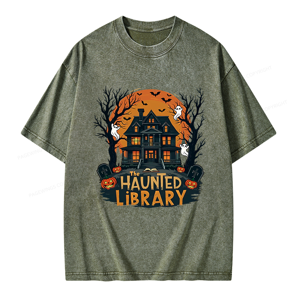 Pagewings Haunted Library Halloween Unisex Washed T-shirt