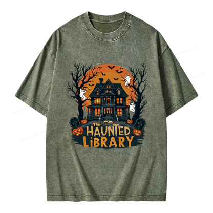 Pagewings Haunted Library Halloween Unisex Washed T-shirt