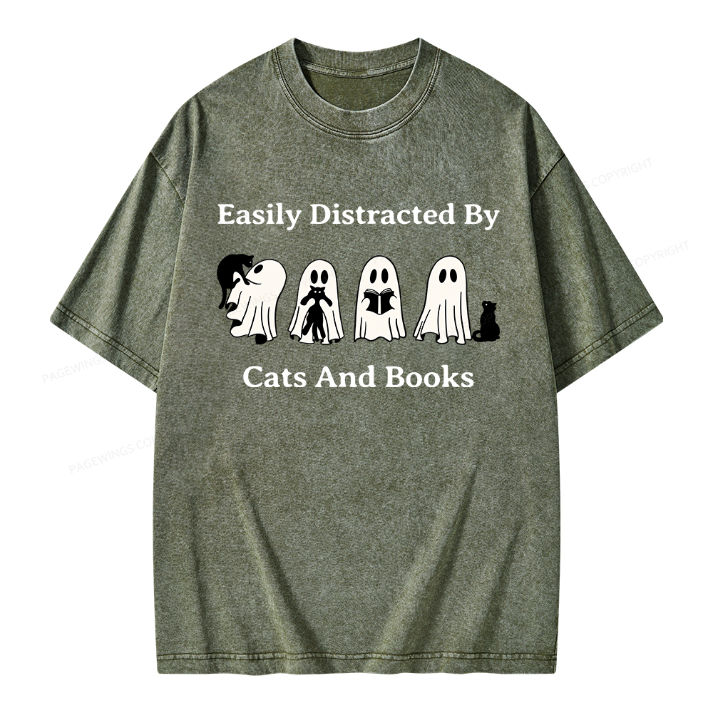 Pagewings Easily Distracted By Cats And Books Unisex Washed T-shirt