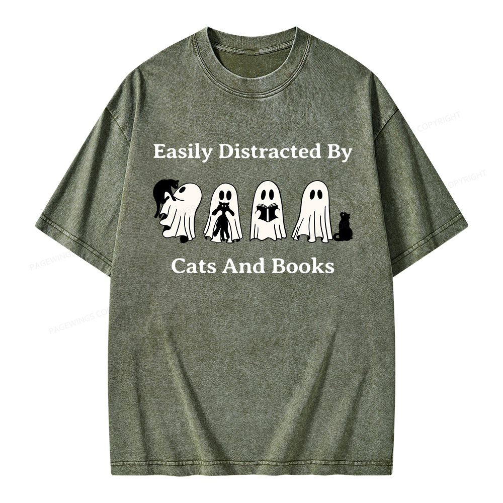 Pagewings Easily Distracted By Cats And Books Unisex Washed T-shirt