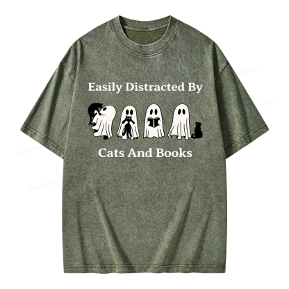 Pagewings Easily Distracted By Cats And Books Unisex Washed T-shirt
