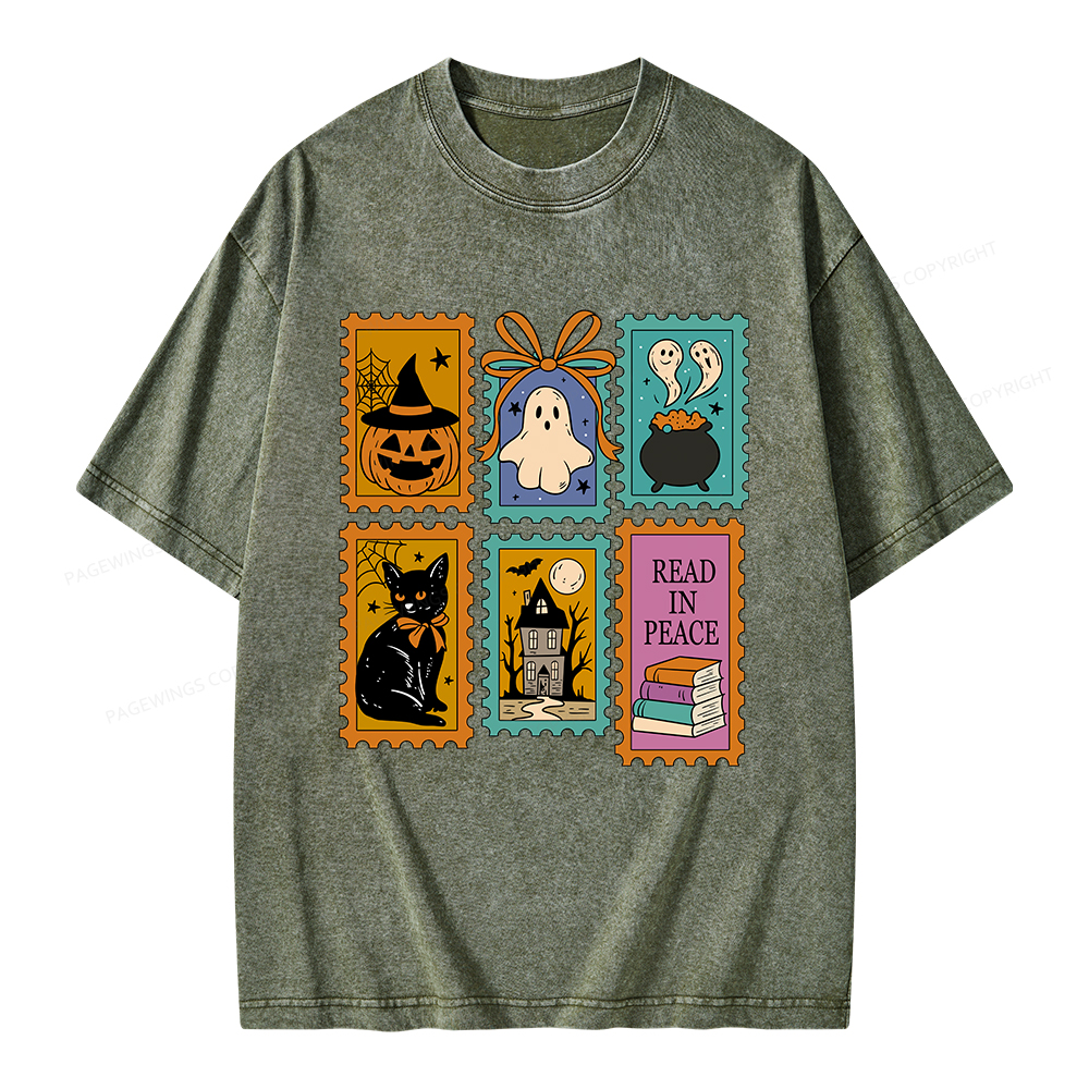 Pagewings Halloween Cute Ghost Pumpkin Cat Unisex Washed T-shirt
