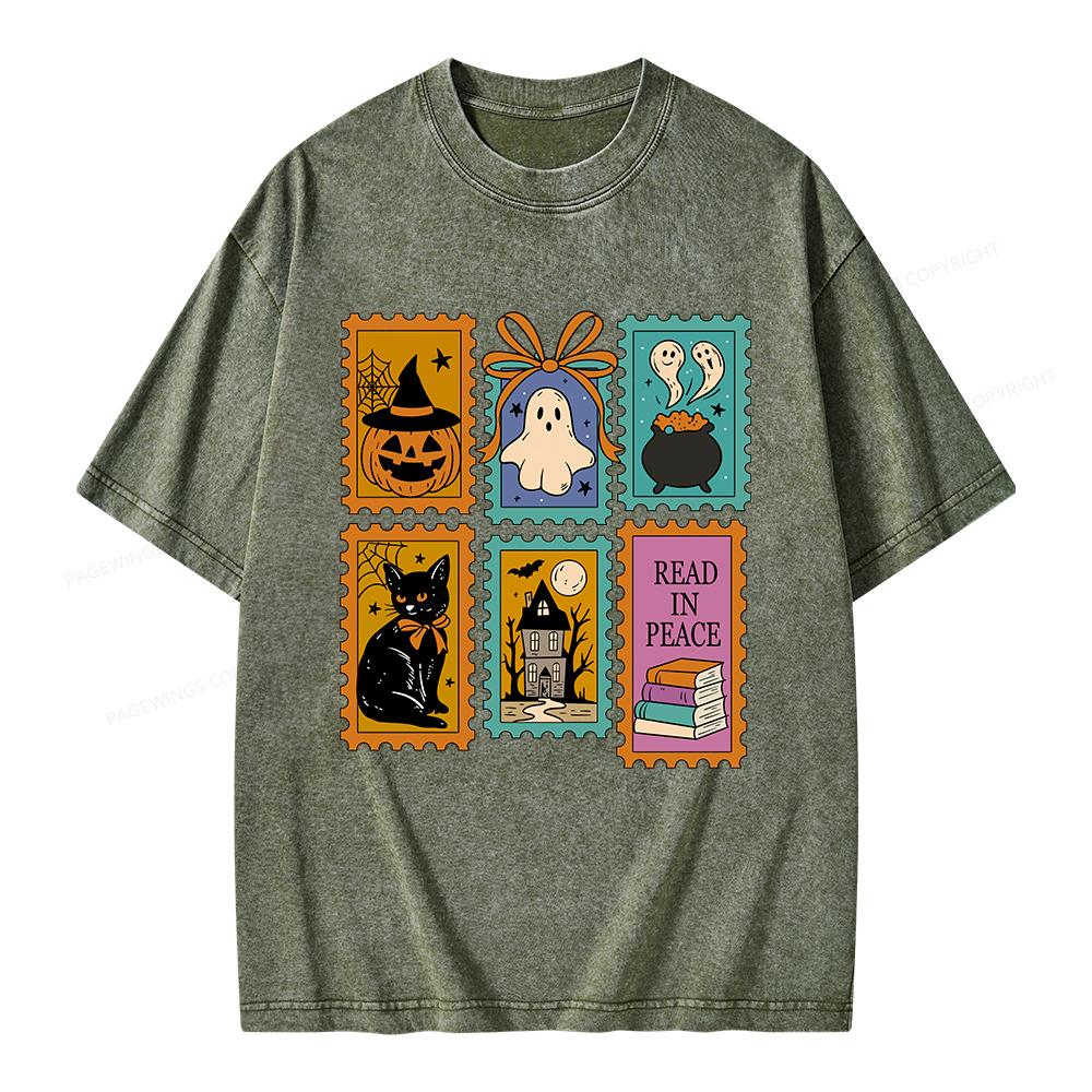 Pagewings Halloween Cute Ghost Pumpkin Cat Unisex Washed T-shirt