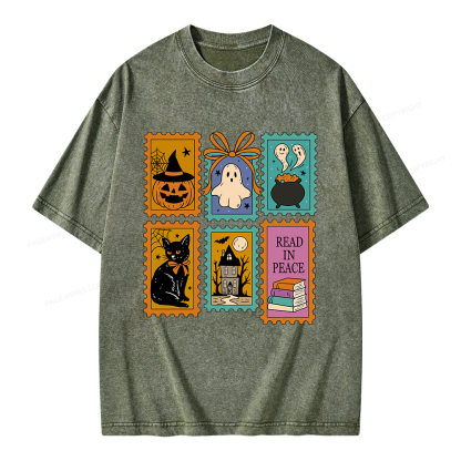 Pagewings Halloween Cute Ghost Pumpkin Cat Unisex Washed T-shirt
