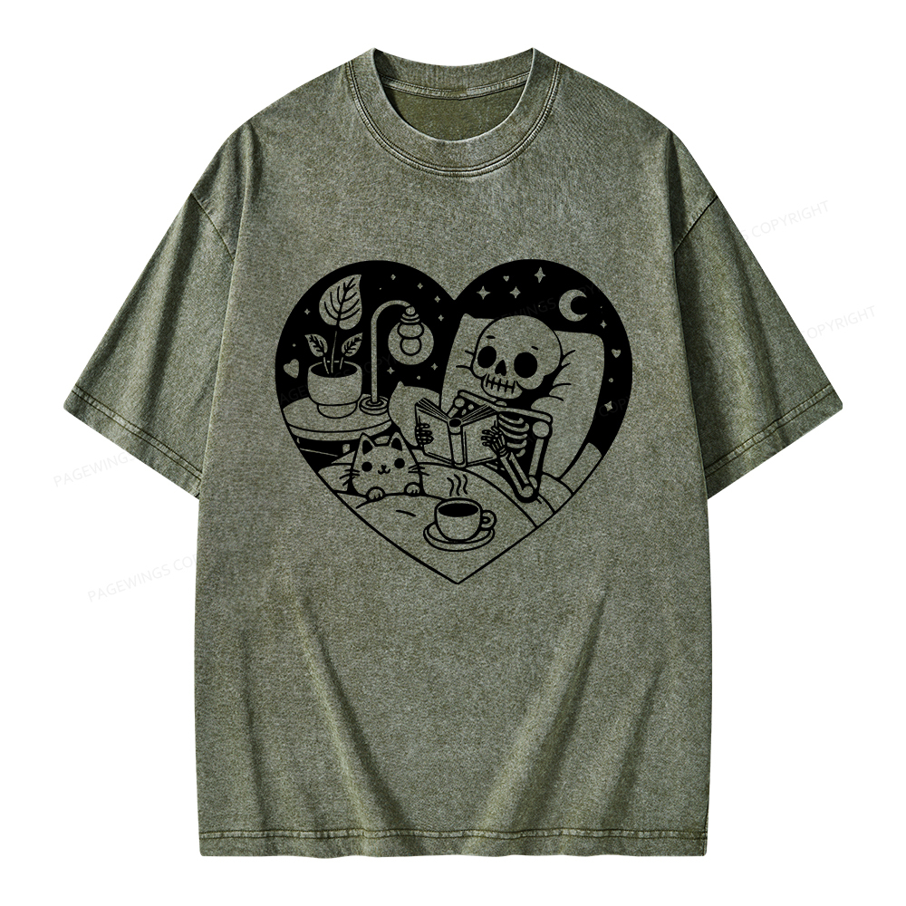 Pagewings Reading Skeleton and Cat Unisex Washed T-shirt