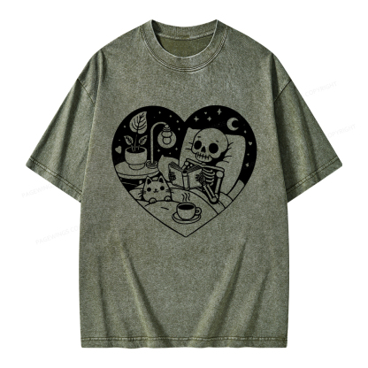 Pagewings Reading Skeleton and Cat Unisex Washed T-shirt