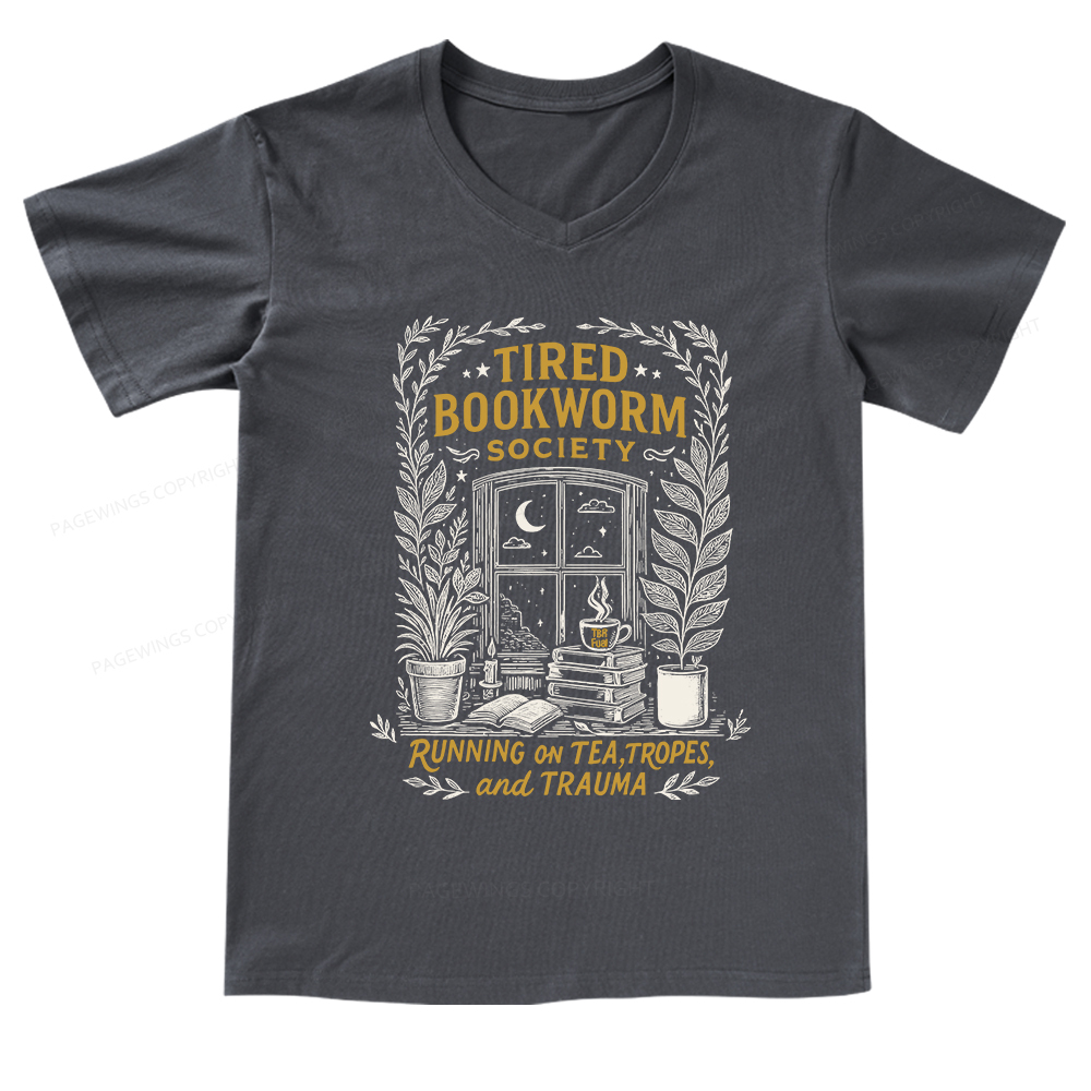 Pagewings Tired Bookworm Society V-neck T-shirt