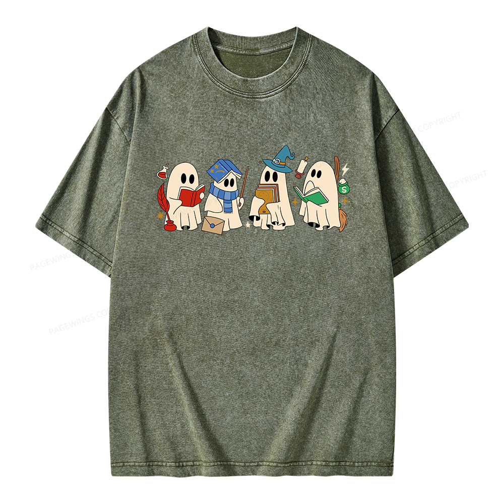 Pagewings Halloween Ghosts Reading Book Unisex Washed T-shirt