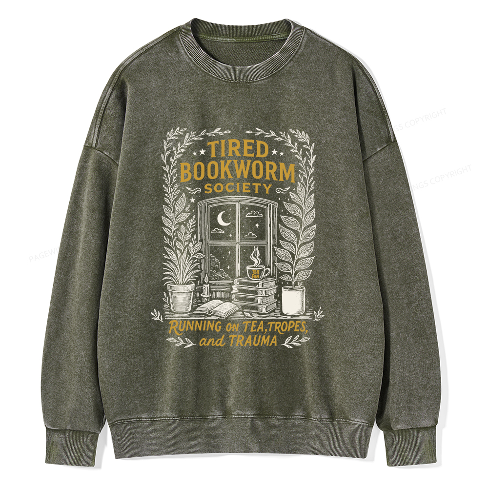 Pagewings Tired Bookworm Society Unisex Washed Sweatshirt
