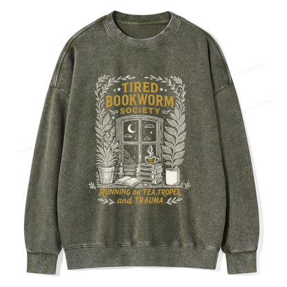 Pagewings Tired Bookworm Society Unisex Washed Sweatshirt
