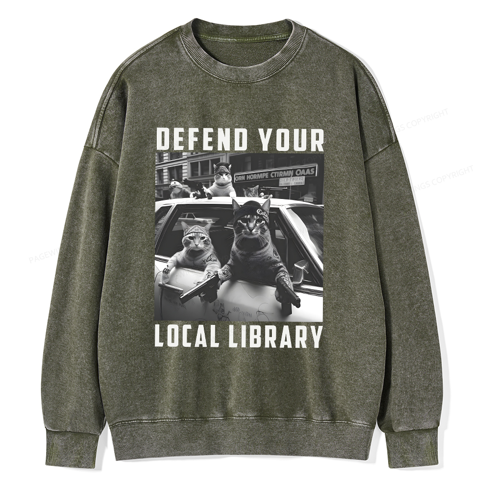 Pagewings Defend Your Local Library Unisex Washed Sweatshirt