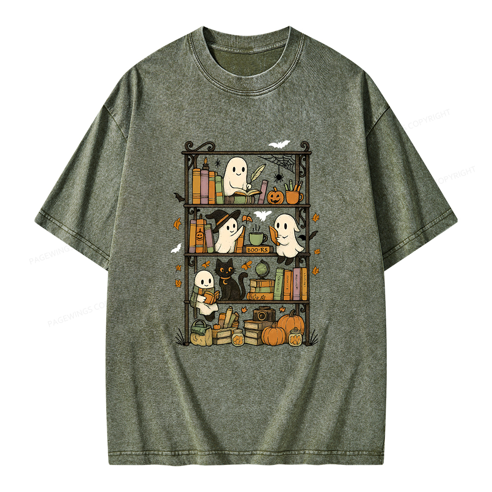 Pagewings Retro Halloween Bookshelf Unisex Washed T-shirt