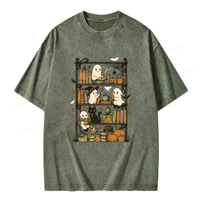 Pagewings Retro Halloween Bookshelf Unisex Washed T-shirt