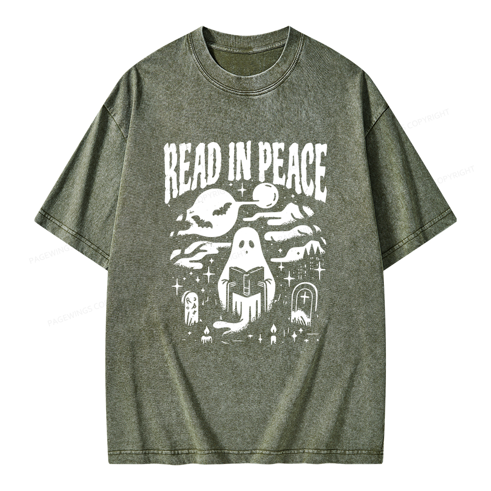 Pagewings  Halloween Read In Peace Ghost Reading Unisex Washed T-shirt