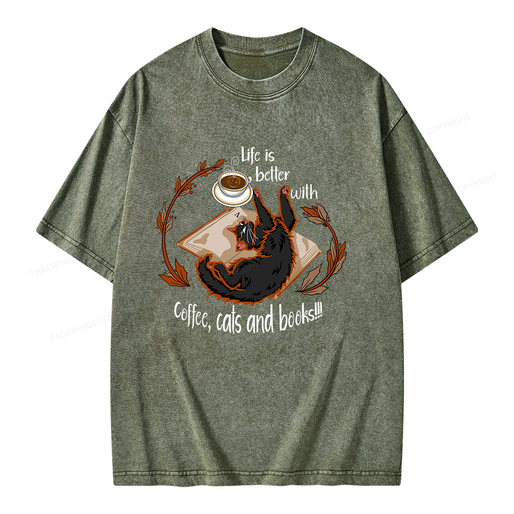 Pagewings Life Is Better With Coffee Cats And Books Unisex Washed T-shirt