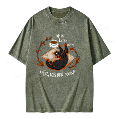 Pagewings Life Is Better With Coffee Cats And Books Unisex Washed T-shirt
