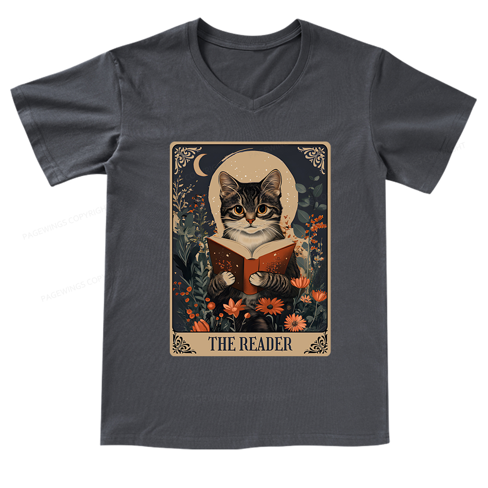Pagewings The Reader Tarot Card Cat V-neck T-shirt