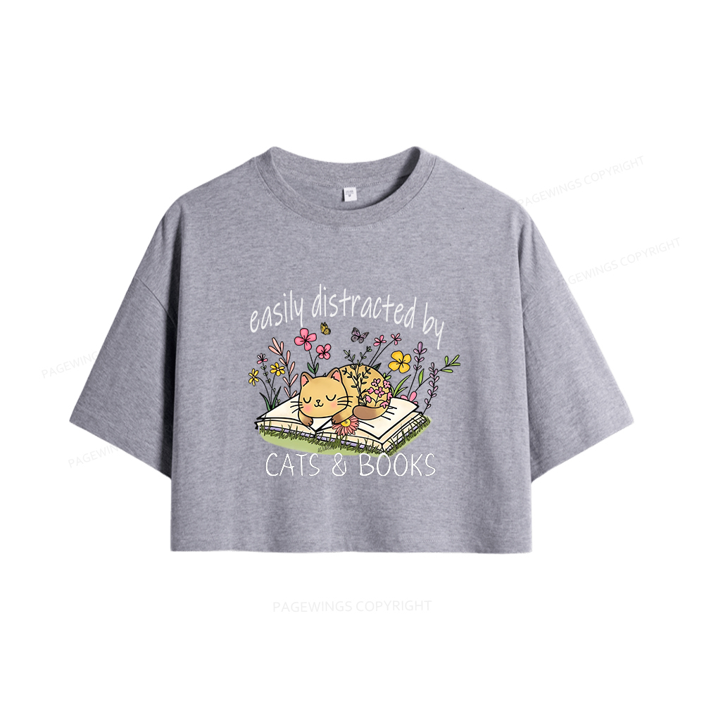 Pagewings Easily Distracted By Cats And Books Women Crop Tops