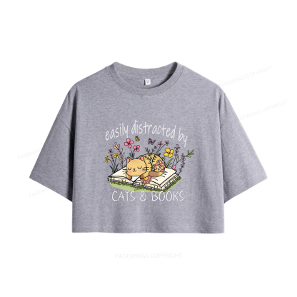 Pagewings Easily Distracted By Cats And Books Women Crop Tops