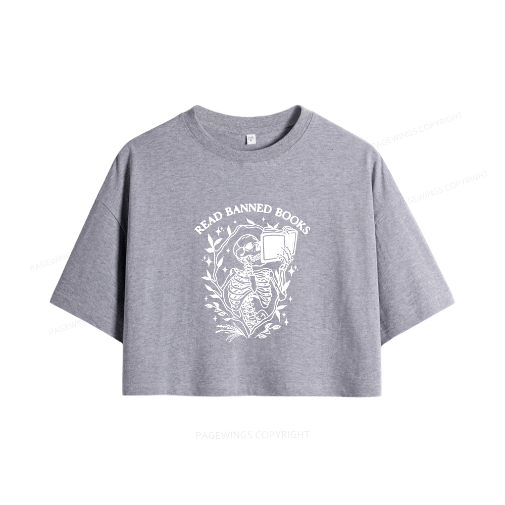Pagewings Read Banned Books Skeleton Halloween Women Crop Tops