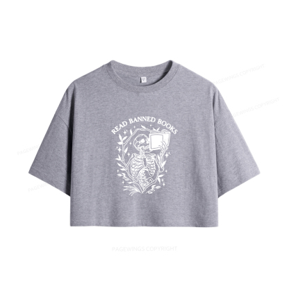 Pagewings Read Banned Books Skeleton Halloween Women Crop Tops