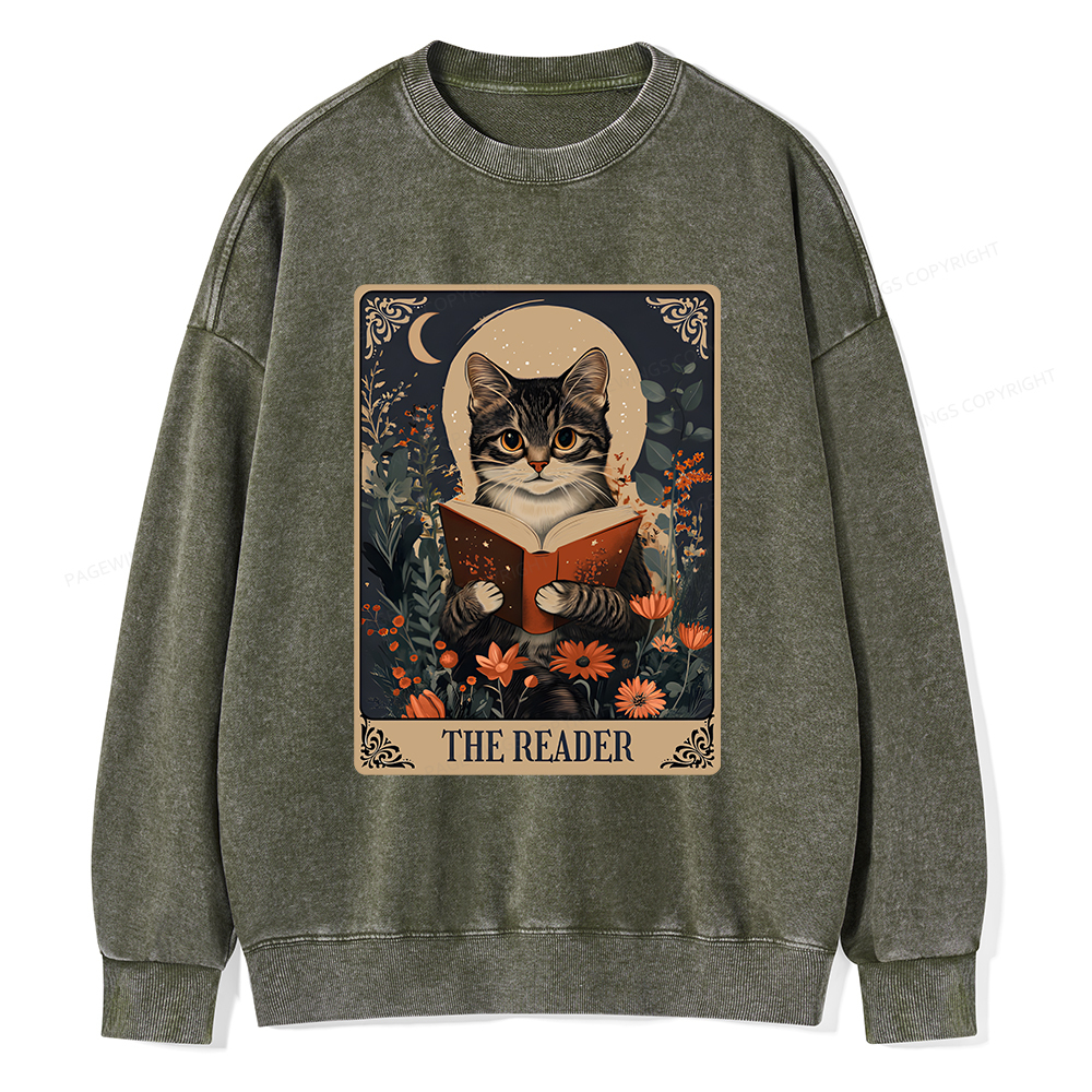 Pagewings The Reader Tarot Card Cat Unisex Washed Sweatshirt