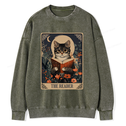 Pagewings The Reader Tarot Card Cat Unisex Washed Sweatshirt