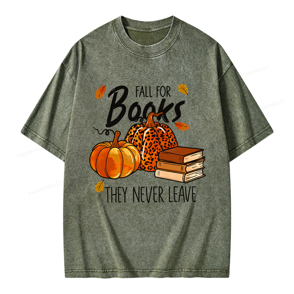Pagewings Fall For Books He Never Leaves Unisex Washed T-shirt