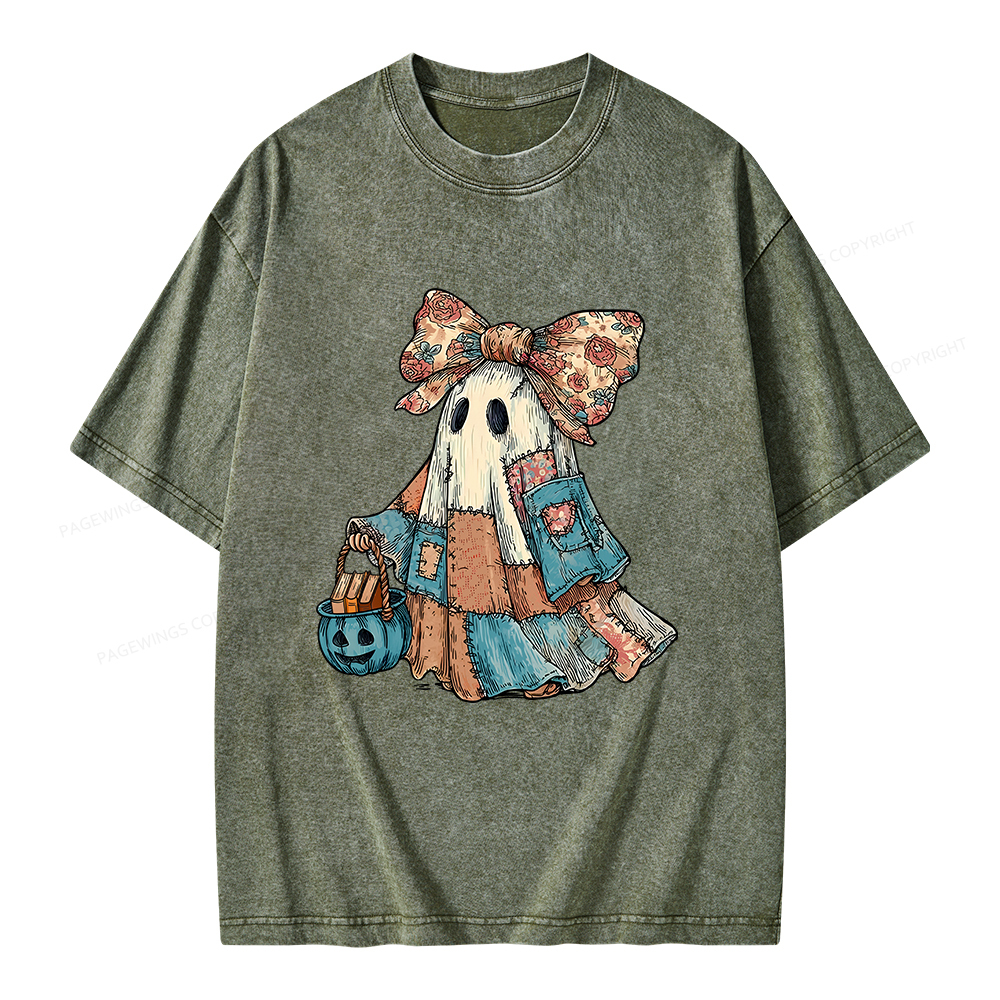 Pagewings Halloween Patchwork Spooky Ghost Buy Books Unisex Washed T-shirt