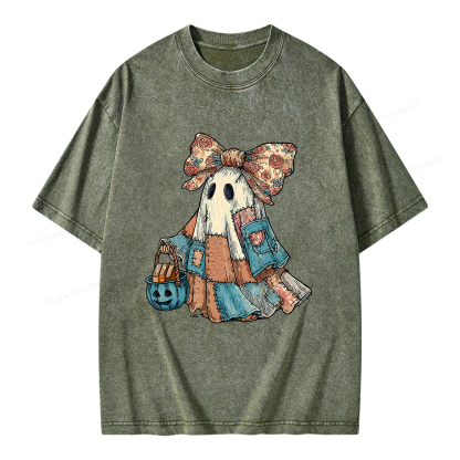 Pagewings Halloween Patchwork Spooky Ghost Buy Books Unisex Washed T-shirt