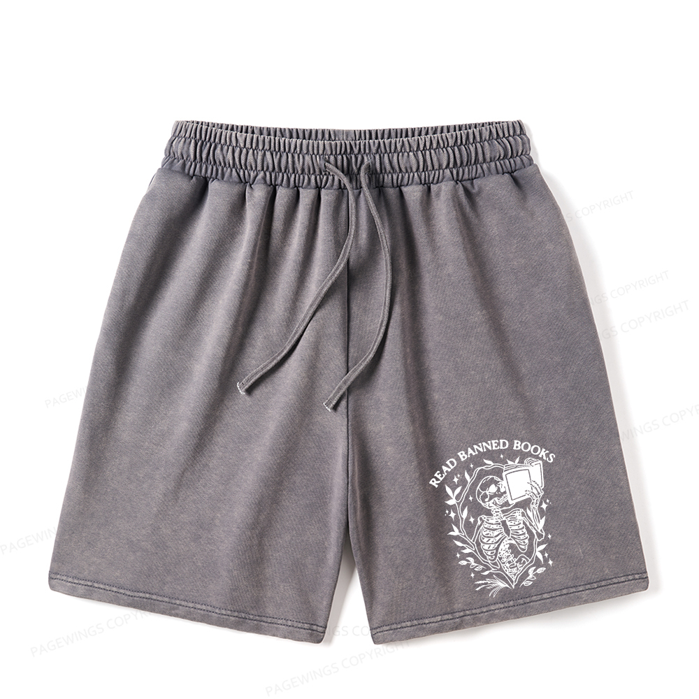 Pagewings Read Banned Books Skeleton Halloween Unisex Washed Shorts