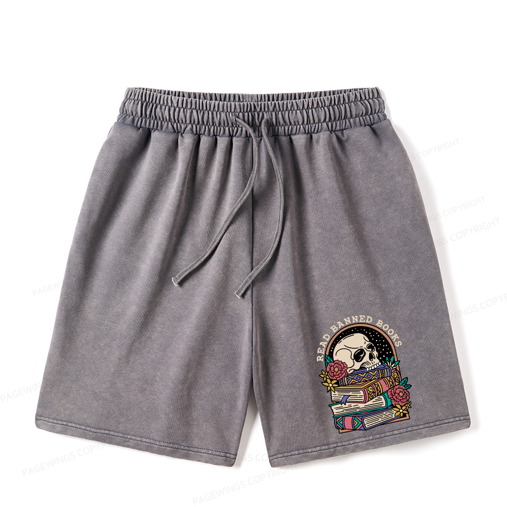 Pagewings Read Banned Book Floral Unisex Washed Shorts